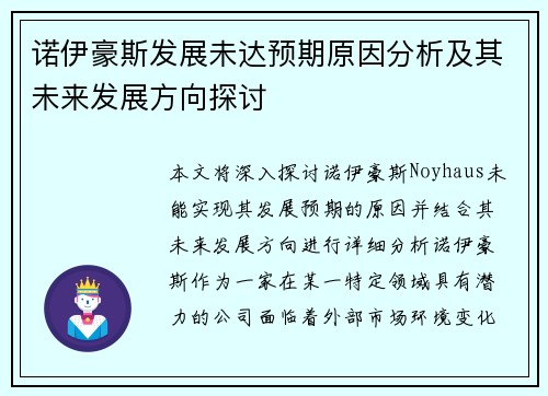 诺伊豪斯发展未达预期原因分析及其未来发展方向探讨 诺伊豪斯发展未达预期原因分析及其未来发展方向探讨