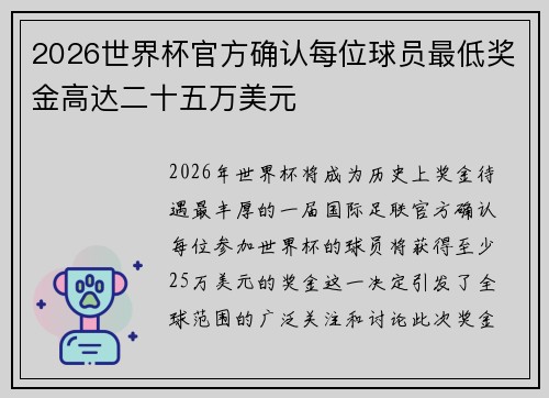 2026世界杯官方确认每位球员最低奖金高达二十五万美元