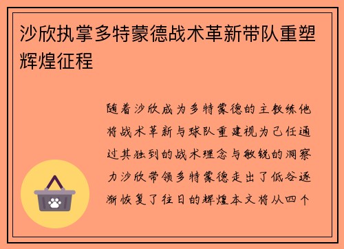 沙欣执掌多特蒙德战术革新带队重塑辉煌征程 沙欣执掌多特蒙德战术革新带队重塑辉煌征程